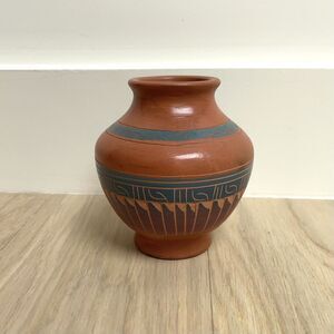 Vintage Southwestern Pueblo Style Handmade Etched Terracotta Pottery Vase